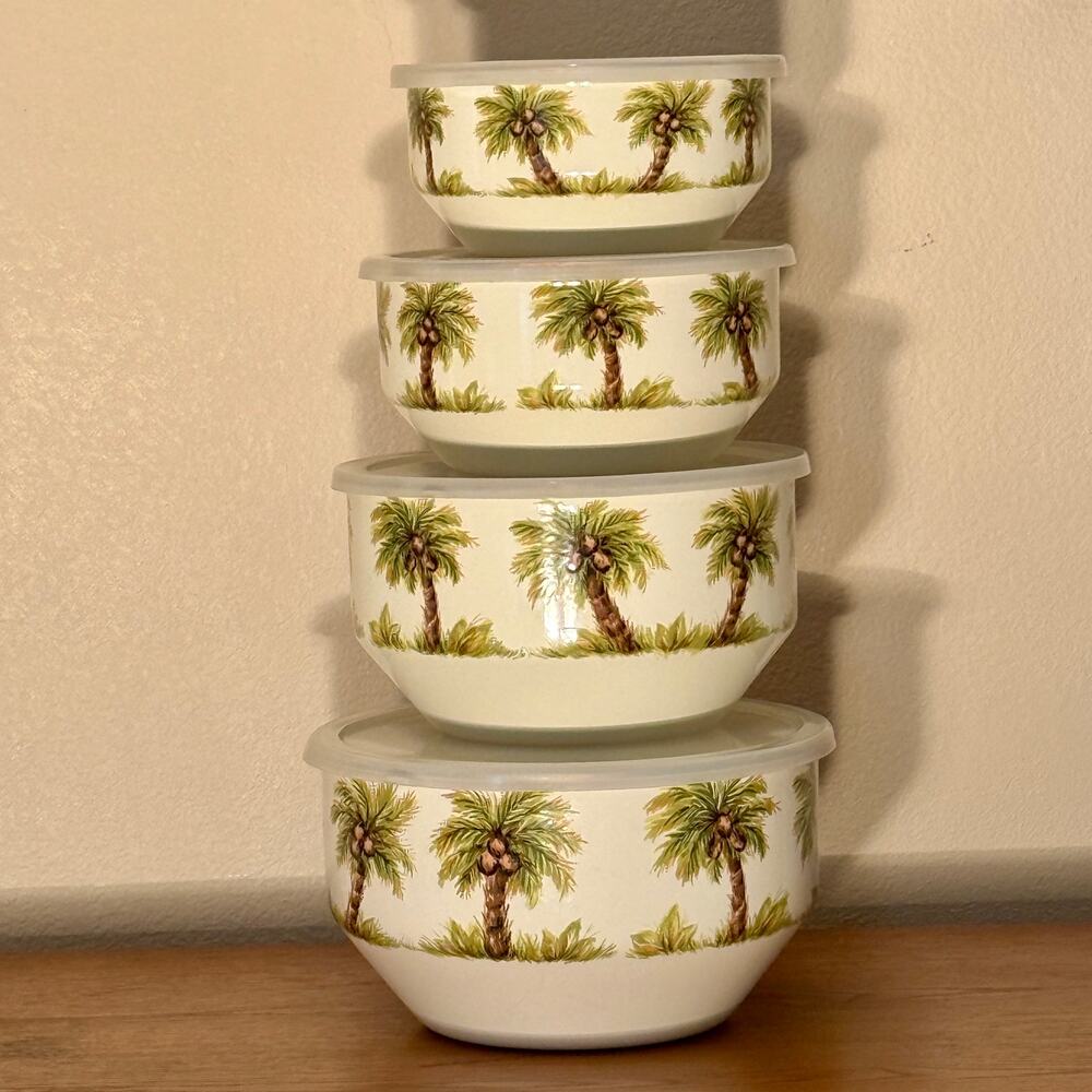 Tabletops Unlimited Palm Grove Enamel Nesting Mixing Bowls Set 4 w Lids